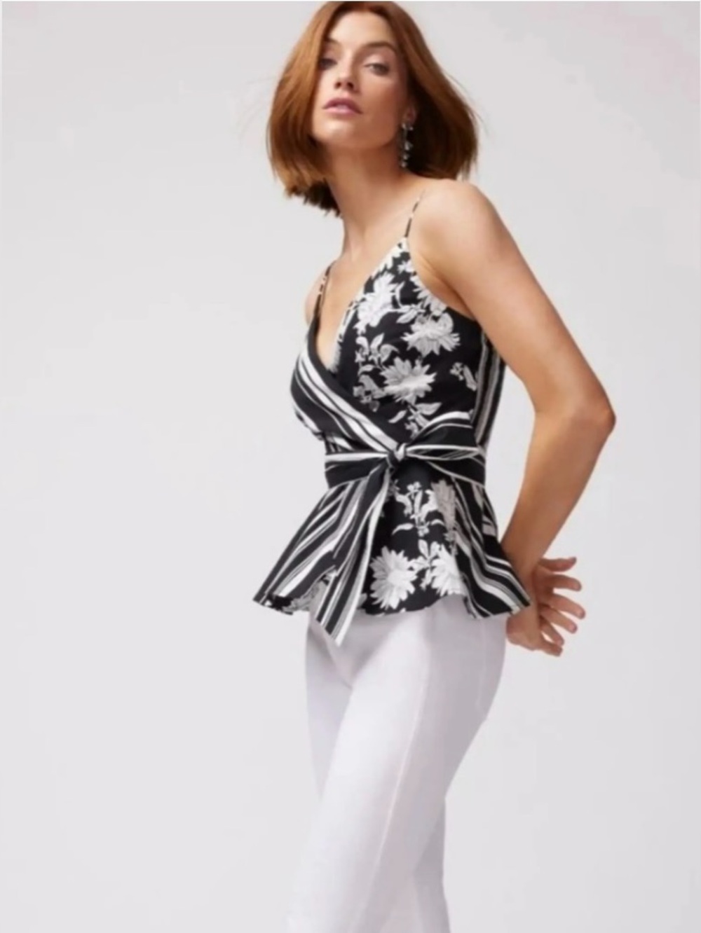 White House Black Market Black and White Sunny Strip Peplum Tie-Front Cami